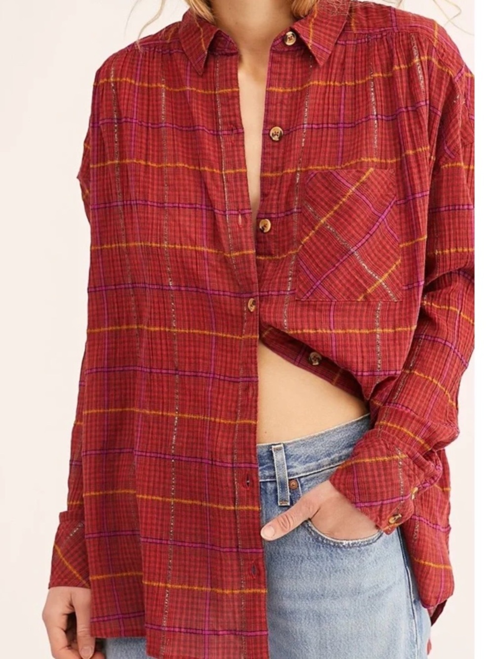 Free People Break My Stride Plaid Gauze Button  Shirt XS Red Pink Oversized Boho